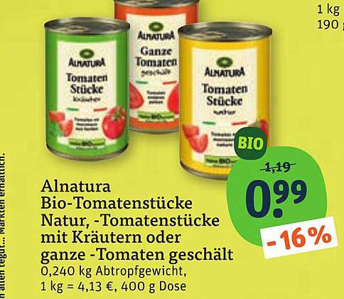 Alnatura Bio-Tomatenstücke Natur, -Tomatenstücke mit Kräutern oder ganze -Tomaten geschält