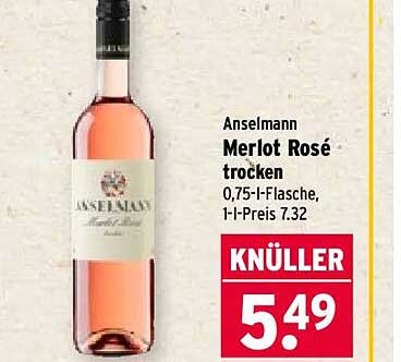 Anselmann Merlot Rosé trocken 0,75-l-Flasche, 1-l-Preis 7.32