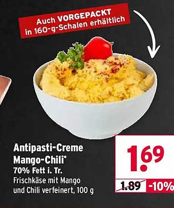 Antipasti-Creme Mango-Chili 70% Fett i. Tr. Frischkäse mit Mango und Chili verfeinert, 100 g