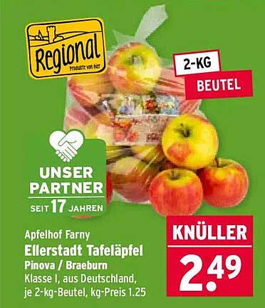 Apfelhof Farny Ellerstadt Tafeläpfel Pinova / Braeburn Klasse I, aus Deutschland, je 2-kg-Beutel, kg-Preis 1.25