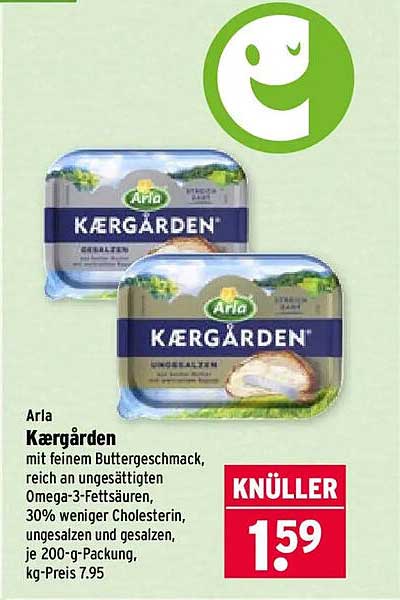 Arla Kærgården mit feinem Butterschmack, reich an ungesättigten Omega-3-Fettsäuren, 30% weniger Cholesterin, ungesalzen und gesalzen, je 200-g-Packung, kg-Preis 7.95