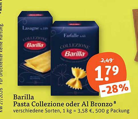 Barilla Pasta Collezione oder Al Bronzo 8 verschiedene Sorten, 1 kg = 3,58 €, 500 g Packung