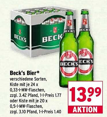 Beck's Bier* verschiedene Sorten, Kiste mit je 24 x 0,33-l-MW-Flaschen, zzgl. 3.42 Pfand, l-I-Preis 1.77 oder Kiste mit je 20 x 0,5-l-MW-Flaschen, zzgl. 3.10 Pfand, l-I-Preis 1.40