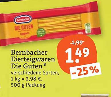 Bernbacher Eierteigwaren Die Guten⁸ verschiedene Sorten, 1 kg = 2,98 €, 500 g Packung
