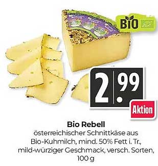 Bio Rebell österreichischer Schnittkäse aus Bio-Kuhmilch, mind. 50% Fett i. Tr., mild-würziger Geschmack, versch. Sorten, 100 g