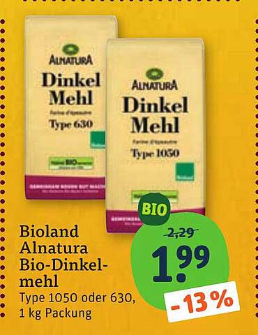 Bioland Alnatura Bio-Dinkelmehl Type 1050 oder 630, 1 kg Packung