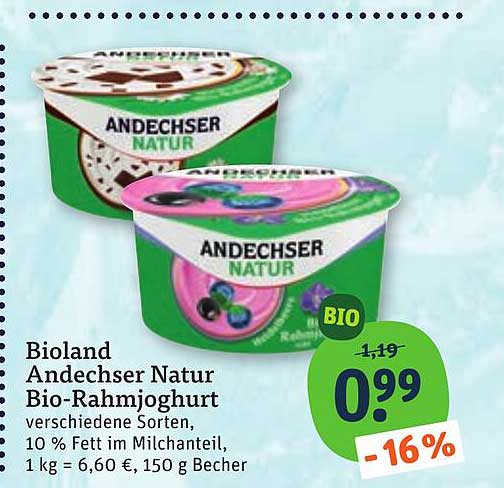 Bioland Andechser Natur Bio-Rahmjoghurt verschiedene Sorten, 10 % Fett im Milchanteil