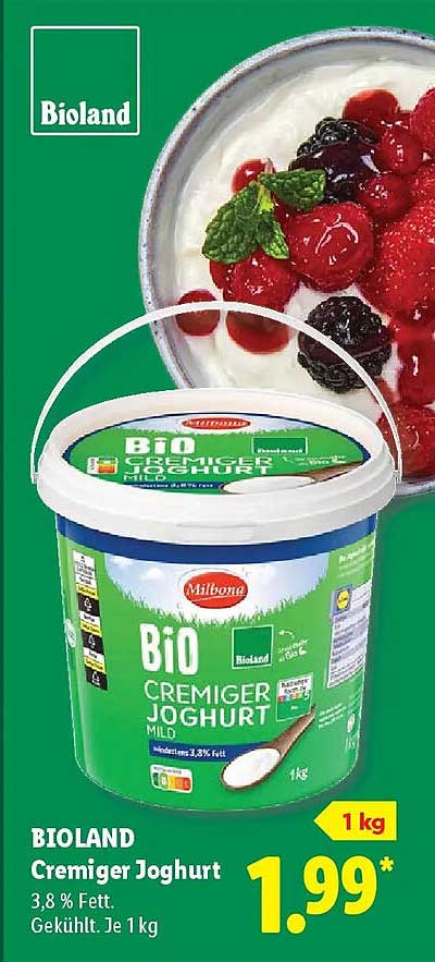 BIOLAND Cremiger Joghurt 3,8 % Fett. Gekühlt. Je 1 kg