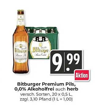 Bitburger Premium Pils, 0,0% Alkoholfrei auch herb