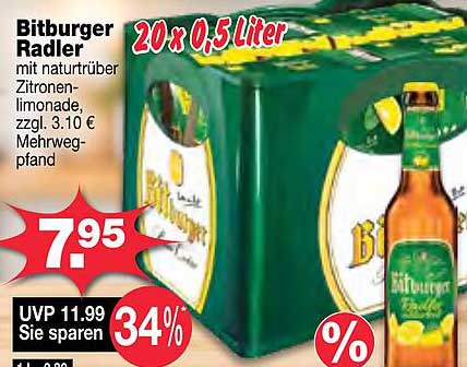 Bitburger Radler mit naturtrüber Zitronenlimonade, zzgl. 3.10 € Mehrwegpfand