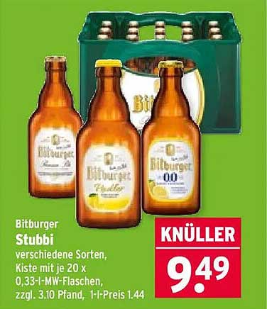 Bitburger Stubbi verschiedene Sorten, Kiste mit je 20 x 0,33-l-MW-Flaschen, zzgl. 3.10 Pfand, 1-l-Preis 1.44