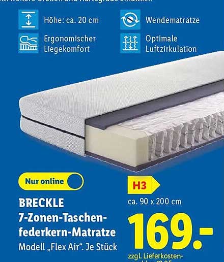 BRECKLE 7-Zonen-Taschenfederkern-Matratze Modell „Flex Air“. Je Stück