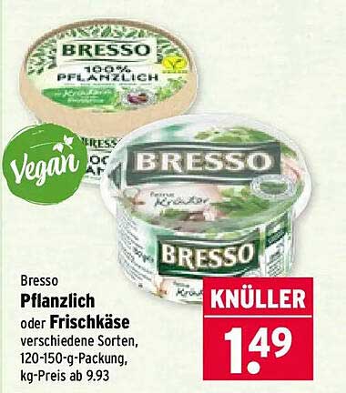 Bresso Pflanzlich oder Frischkäse verschiedene Sorten, 120-150-g-Packung, kg-Preis ab 9.93