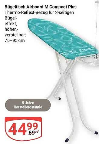 Bügeltisch Airboard M Compact Plus Thermo-Reflect-Bezug für 2-seitigen Bügeleffekt, höhen-verstellbar: 76–95 cm