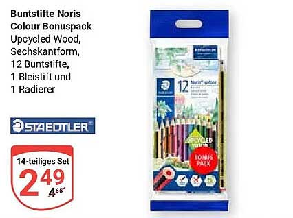 Buntstifte Noris Colour Bonuspack Upcycled Wood, Sechskantform, 12 Buntstifte, 1 Bleistift und 1 Radierer