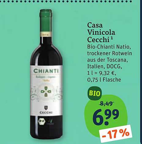 Casa Vinicola Cecchi Bio-Chianti Natio, trockener Rotwein aus der Toscana, Italien, DOCG, 1 l = 9,32 €, 0,75 l Flasche