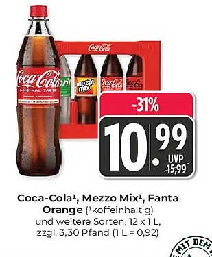 Coca-Cola, Mezzo Mix, Fanta Orange (koffeinhaltig), und weitere Sorten, 12 x 1 L, zzgl. 3,30 Pfand (1 L = 0,92)