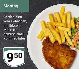 Cordon bleu vom Hähnchen, mit Erbsen-Möhren-gemüse, dazu Pommes frites