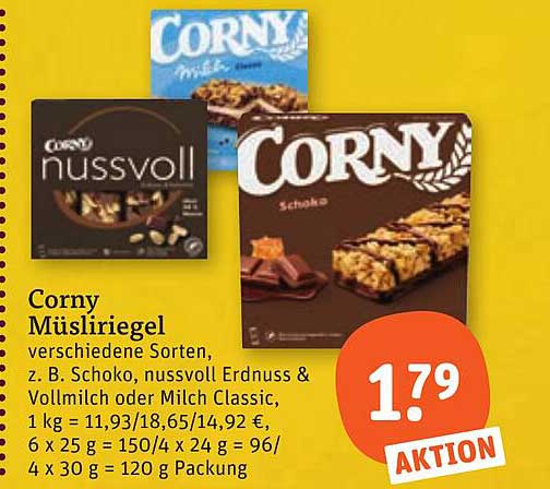 Corny Müsliriegel verschiedene Sorten, z. B. Schoko, nussvoll Erdnuss & Vollmilch oder Milch Classic, 1 kg = 11,93/18,65/14,92 €, 6 x 25 g = 150/4 x 24 g = 96/4 x 30 g = 120 g Packung
