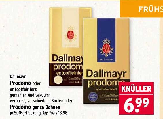 Dallmayr Prodomo oder entcoffeiniert gemahlen und vakuumverpackt, verschiedene Sorten oder Prodomo ganze Bohnen