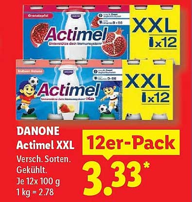 DANONE Actimel XXL 12er-Pack Versch. Sorten. Gekühlt. Je 12 x 100 g 1 kg = 2.78