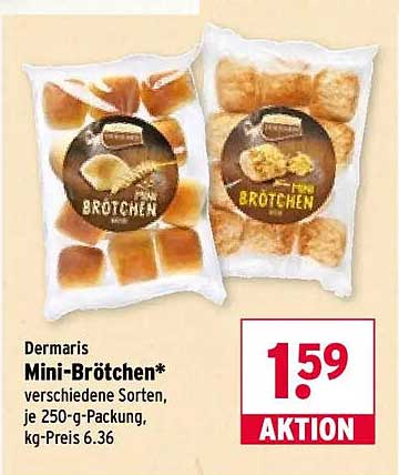 Dermaris Mini-Brötchen* verschiedene Sorten, je 250-g-Packung, kg-Preis 6.36