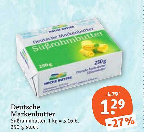 Deutsche Markenbutter Süßrahmbutter, 1 kg = 5,16 €, 250 g Stück