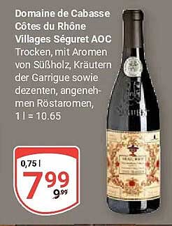 Domaine de Cabasse Côtes du Rhône Villages Séguret AOC Trocken, mit Aromen von Süßholz, Kräutern der Garrigue sowie dezenten, angenehmen Röstaromen