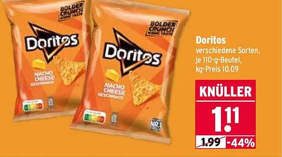 Doritos verschiedene Sorten, je 110-g-Beutel, kg-Preis 10.09