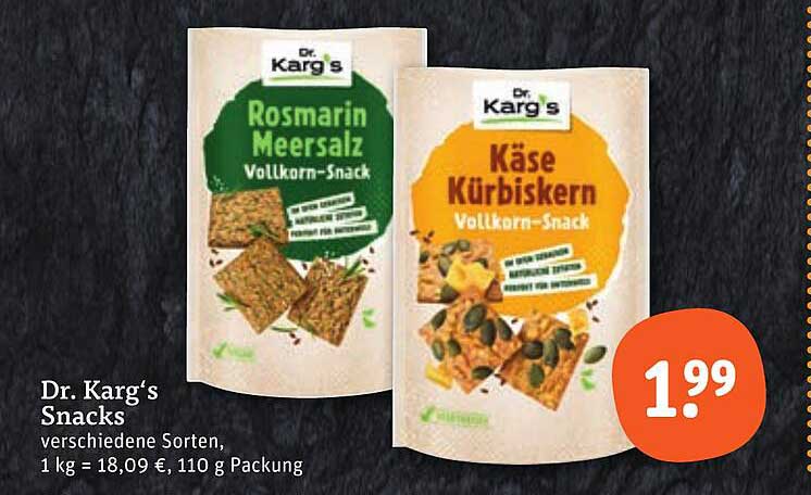 Dr. Karg's Snacks verschiedene Sorten, 1 kg = 18,09 €, 110 g Packung