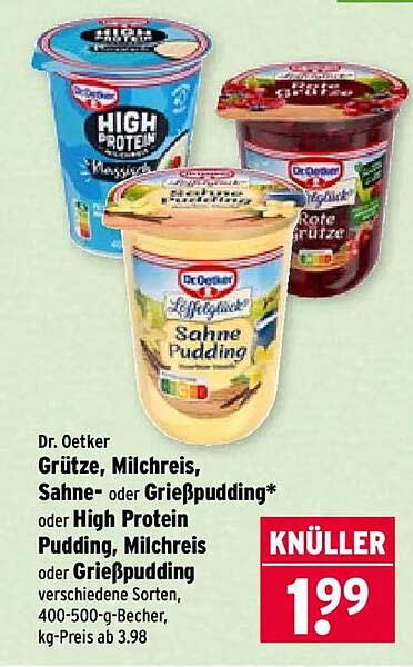 Dr. Oetker Grütze, Milchreis, Sahne- oder Grießpudding* oder High Protein Pudding, Milchreis oder Grießpudding verschiedene Sorten, 400-500-g-Becher, kg-Preis ab 3.98