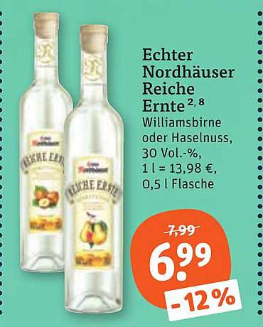 Echter Nordhäuser Reiche Ernte 2,8 Williamsbirne oder Haselnuss, 30 Vol.-%, 1 l = 13,98 €, 0,5 l Flasche