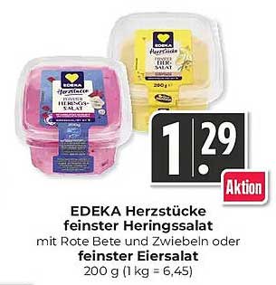 EDEKA Herzstücke feinster Heringssalat mit Rote Bete und Zwiebeln oder feinster Heringssalat 200 g (1 kg = 6,45)