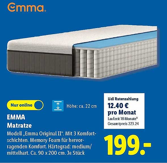 EMMA Matratze Modell „Emma Original II“. Mit 3 Komfortschichten. Memory Foam für hervorragenden Komfort. Härtegrad: medium/mittelhart. Ca. 90 x 200 cm. Je Stück