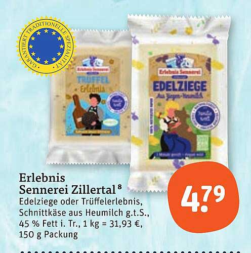 Erlebnis Sennerei Zillertal Edelziege oder Trüffelerlebnis, Schnittkäse aus Heumilch g.t.S., 45 % Fett i. Tr., 1 kg = 31,93 €, 150 g Packung