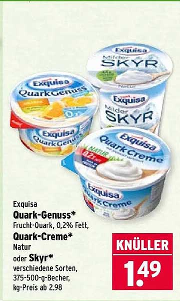 Exquisa Quark-Genuss* Frucht-Quark, 0,2% Fett, Quark-Creme* Natur oder Skyr* verschiedene Sorten, 375-500-g-Becher, kg-Preis ab 2.98