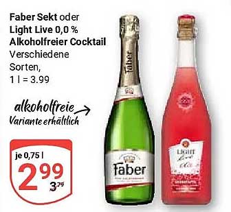 Faber Sekt oder Light Live 0,0 % Alkoholfreier Cocktail Verschiedene Sorten, 1 l = 3,99 alkoholfreie Variante erhältlich
