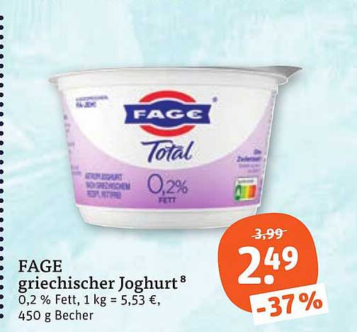 FAGE griechischer Joghurt 0,2 % Fett, 1 kg = 5,53 €, 450 g Becher