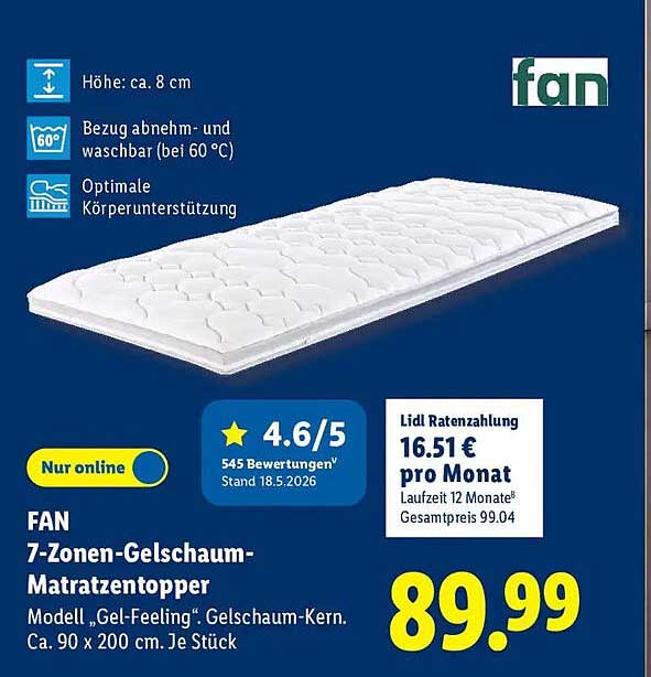 FAN 7-Zonen-Gelschaum-Matratzentopper