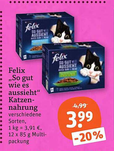 Felix „So gut wie es aussieht“ Katzennahrung verschiedene Sorten, 1 kg = 3,91 €, 12 x 85 g als Multipack