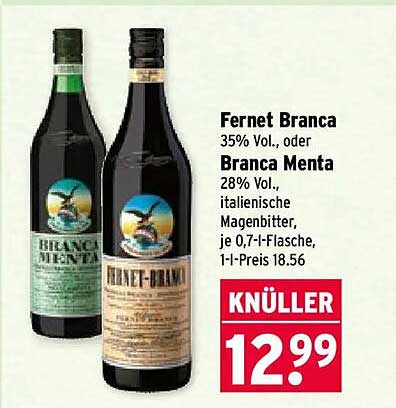 Fernet Branca 35% Vol., oder Branca Menta 28% Vol., italienische Magenbitter, je 0,7-l-Flasche, 1-l-Preis 18.56