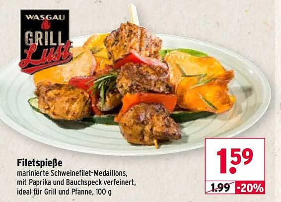 Filetspieße marinierte Schweinefilet-Medaillons, mit Paprika und Bauchspeck verfeinert, ideal für Grill und Pfanne, 100 g