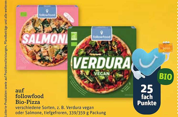 followfood Bio-Pizza verschiedene Sorten, z. B. Verdura vegan oder Salmone, tiefgefroren, 339/359 g Packung