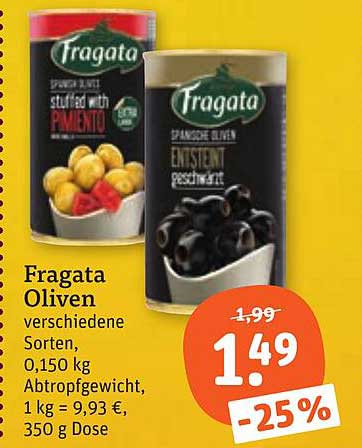 Fragata Oliven verschiedene Sorten, 0,150 kg Abtropfgewicht, 1 kg = 9,93 €, 350 g Dose