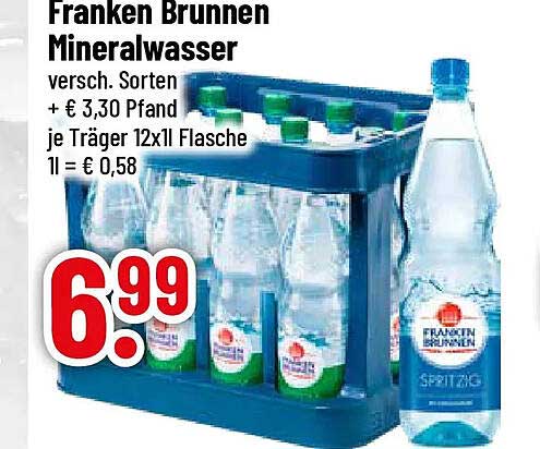 Franken Brunnen Mineralwasser versch. Sorten + € 3,30 Pfand je Träger 12x1l Flasche 1l = € 0,58