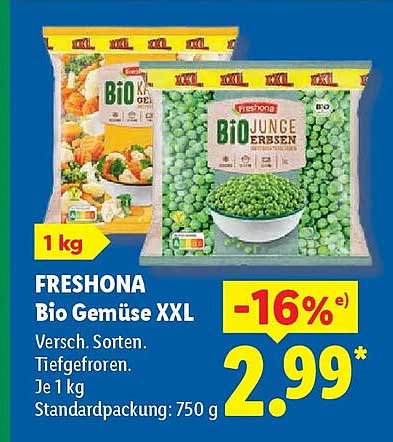 FRESHONA Bio Gemüse XXL Versch. Sorten. Tiefgefroren. Je 1 kg Standardpackung: 750 g