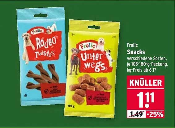 Frolic Snacks verschiedene Sorten, je 105-180-g-Packung, kg-Preis ab 6.17