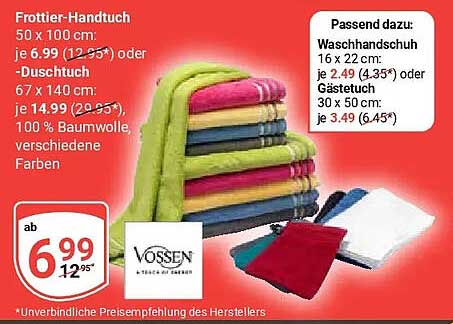 Frottier-Handtuch 50 x 100 cm: je 6.99 (12.95*) oder -Duschtuch 67 x 140 cm: je 14.99 (20.95*), 100 % Baumwolle verschiedene Farben