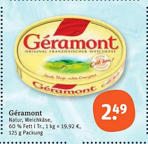 Géramont Natur, Weichkäse, 60 % Fett i Tr., 1 kg = 19,92 €, 125 g Packung