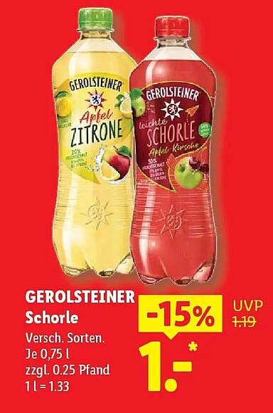 GEROLSTEINER Schorle Versch. Sorten, Je 0,75 l zzgl. 0,25 Pfand 1 l = 1.33